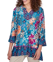 Ruby Rd. Floral Contrast Border Print Fringe Trim Detail V-Neck 3/4 Sleeve Tunic Top