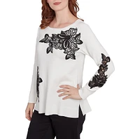 Ruby Rd. Floral Lace Scoop Neck Long Sleeve Side Slit Sweater