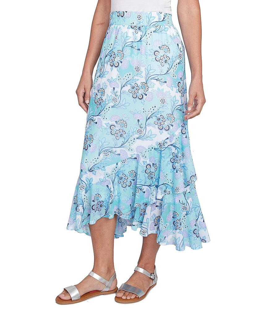 Ruby Rd. Floral Mesh Asymmetrical Ruffle Hem Pull-On Skirt
