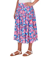 Ruby Rd. Floral Printed Yoryu Elastic Waist Midi A-Line Skirt