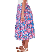 Ruby Rd. Floral Printed Yoryu Elastic Waist Midi A-Line Skirt