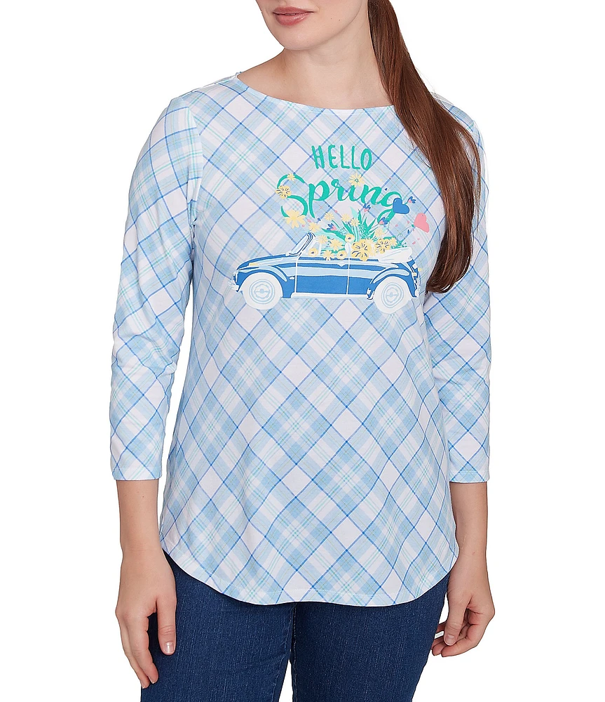 Ruby Rd. Hello Spring Plaid Crew Neck 3/4 Sleeve Knit Top