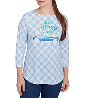 Ruby Rd. Hello Spring Plaid Crew Neck 3/4 Sleeve Knit Top