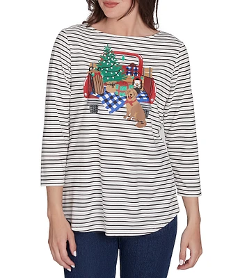 Ruby Rd. Holiday Stripe Knit Boat Neck 3/4 Sleeve Top