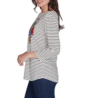 Ruby Rd. Holiday Stripe Knit Boat Neck 3/4 Sleeve Top