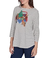 Ruby Rd. Holiday Stripe Knit Boat Neck 3/4 Sleeve Top