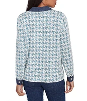 Ruby Rd. Houndstooth Boucle Knit Point Collar Long Sleeve Denim Trim Jacket