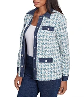 Ruby Rd. Houndstooth Boucle Knit Point Collar Long Sleeve Denim Trim Jacket