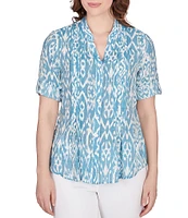 Ruby Rd. Ikat Print Lotus Woven Band Collar Split V-Neck Roll-Tab Sleeve Pleat Detail Button-Down Blouse