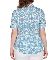 Ruby Rd. Ikat Print Lotus Woven Band Collar Split V-Neck Roll-Tab Sleeve Pleat Detail Button-Down Blouse