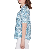 Ruby Rd. Ikat Print Lotus Woven Band Collar Split V-Neck Roll-Tab Sleeve Pleat Detail Button-Down Blouse