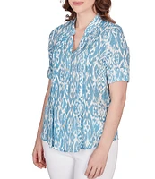 Ruby Rd. Ikat Print Lotus Woven Band Collar Split V-Neck Roll-Tab Sleeve Pleat Detail Button-Down Blouse