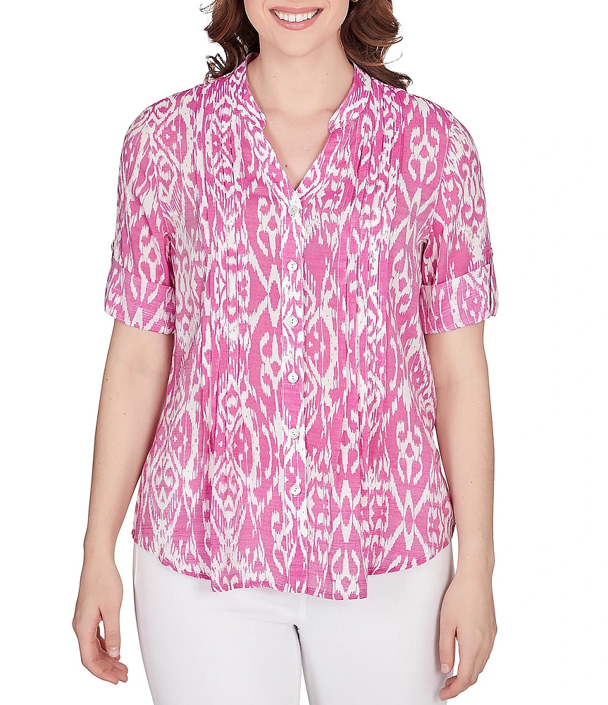 Ruby Rd. Ikat Print Lotus Woven Band Collar Split V-Neck Roll-Tab Sleeve Pleat Detail Button-Down Blouse