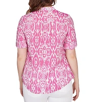 Ruby Rd. Ikat Print Lotus Woven Band Collar Split V-Neck Roll-Tab Sleeve Pleat Detail Button-Down Blouse