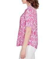 Ruby Rd. Ikat Print Lotus Woven Band Collar Split V-Neck Roll-Tab Sleeve Pleat Detail Button-Down Blouse