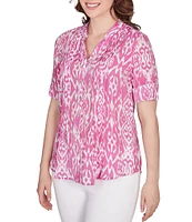 Ruby Rd. Ikat Print Lotus Woven Band Collar Split V-Neck Roll-Tab Sleeve Pleat Detail Button-Down Blouse