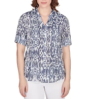 Ruby Rd. Ikat Print Lotus Woven Band Collar Split V-Neck Roll-Tab Sleeve Pleat Detail Button-Down Blouse