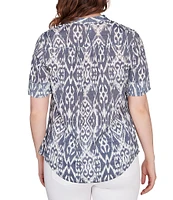 Ruby Rd. Ikat Print Lotus Woven Band Collar Split V-Neck Roll-Tab Sleeve Pleat Detail Button-Down Blouse