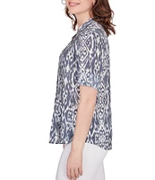 Ruby Rd. Ikat Print Lotus Woven Band Collar Split V-Neck Roll-Tab Sleeve Pleat Detail Button-Down Blouse