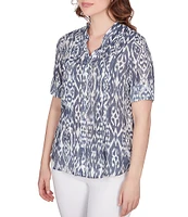 Ruby Rd. Ikat Print Lotus Woven Band Collar Split V-Neck Roll-Tab Sleeve Pleat Detail Button-Down Blouse