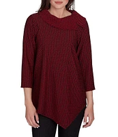 Ruby Rd. Herringbone Jacquard Knit Cowl Neck 3/4 Sleeve Asymmetric Hem Top