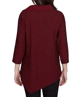 Ruby Rd. Herringbone Jacquard Knit Cowl Neck 3/4 Sleeve Asymmetric Hem Top