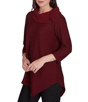 Ruby Rd. Herringbone Jacquard Knit Cowl Neck 3/4 Sleeve Asymmetric Hem Top