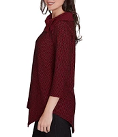 Ruby Rd. Herringbone Jacquard Knit Cowl Neck 3/4 Sleeve Asymmetric Hem Top