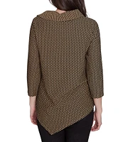 Ruby Rd. Herringbone Jacquard Knit Cowl Neck 3/4 Sleeve Asymmetric Hem Top