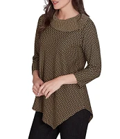 Ruby Rd. Herringbone Jacquard Knit Cowl Neck 3/4 Sleeve Asymmetric Hem Top