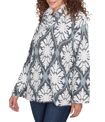 Ruby Rd. Jacquard Knit Jewel Tile Cowl Neck Long Sleeve Side Slits Sweater