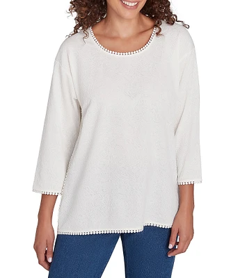 Ruby Rd. Jacquard Knit Lace Edge Detail Scoop Neck 3/4 Sleeve Top