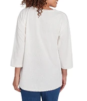 Ruby Rd. Jacquard Knit Lace Edge Detail Scoop Neck 3/4 Sleeve Top