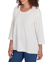 Ruby Rd. Jacquard Knit Lace Edge Detail Scoop Neck 3/4 Sleeve Top