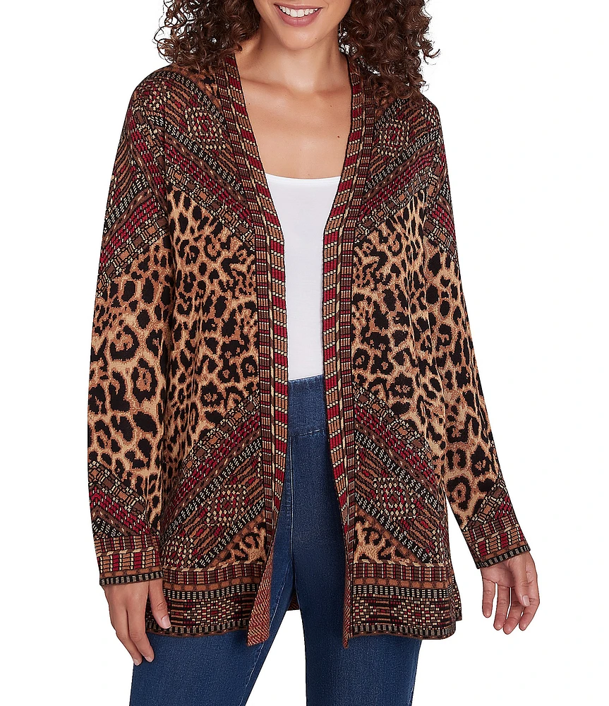 Ruby Rd. Jacquard Knit Animal Multi Placement Print Long Sleeve Open-Front Cardigan Sweater