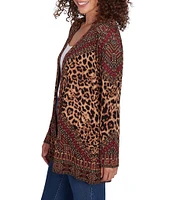 Ruby Rd. Jacquard Knit Animal Multi Placement Print Long Sleeve Open-Front Cardigan Sweater