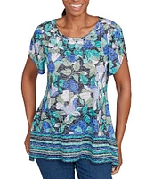 Ruby Rd. Jersey Knit Floral Stripe Border Print Round Neck Short Sleeve Sharkbite Hem Top