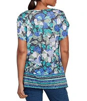 Ruby Rd. Jersey Knit Floral Stripe Border Print Round Neck Short Sleeve Sharkbite Hem Top