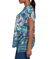 Ruby Rd. Jersey Knit Floral Stripe Border Print Round Neck Short Sleeve Sharkbite Hem Top