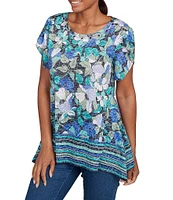 Ruby Rd. Jersey Knit Floral Stripe Border Print Round Neck Short Sleeve Sharkbite Hem Top
