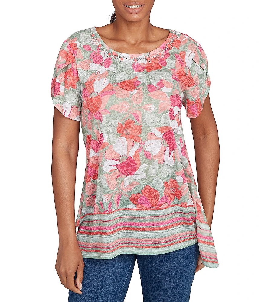 Ruby Rd. Jersey Knit Floral Stripe Border Print Round Neck Short Sleeve Sharkbite Hem Top