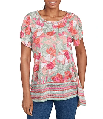 Ruby Rd. Jersey Knit Floral Stripe Border Print Round Neck Short Sleeve Sharkbite Hem Top