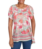 Ruby Rd. Jersey Knit Floral Stripe Border Print Round Neck Short Sleeve Sharkbite Hem Top