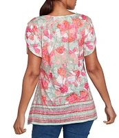 Ruby Rd. Jersey Knit Floral Stripe Border Print Round Neck Short Sleeve Sharkbite Hem Top