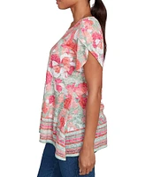 Ruby Rd. Jersey Knit Floral Stripe Border Print Round Neck Short Sleeve Sharkbite Hem Top