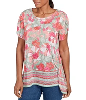 Ruby Rd. Jersey Knit Floral Stripe Border Print Round Neck Short Sleeve Sharkbite Hem Top