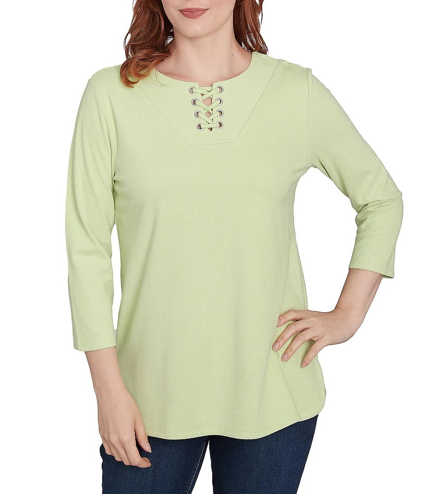 Ruby Rd. Knit 3/4 Sleeve Split V-Neck Lacing Rib Top