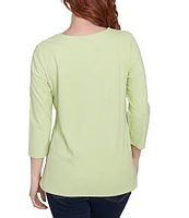 Ruby Rd. Knit 3/4 Sleeve Split V-Neck Lacing Rib Top