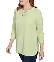 Ruby Rd. Knit 3/4 Sleeve Split V-Neck Lacing Rib Top