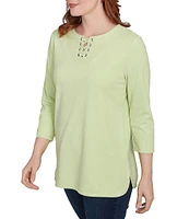 Ruby Rd. Knit 3/4 Sleeve Split V-Neck Lacing Rib Top